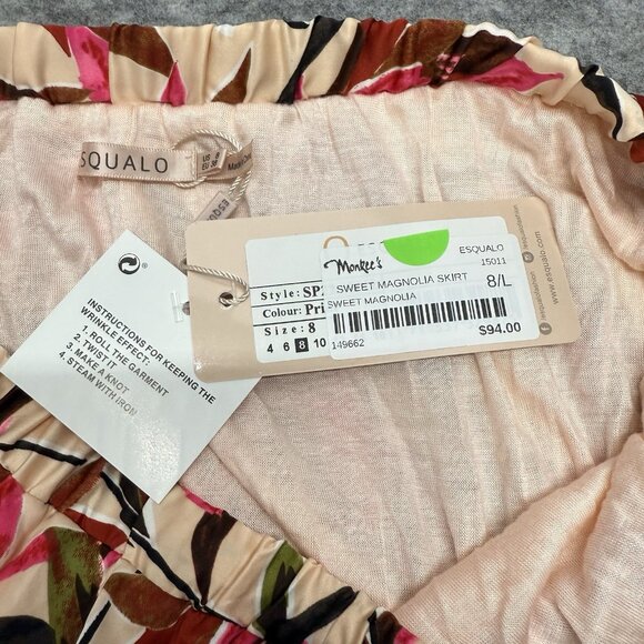 Esqualo Pleated Midi Skirt Floral Print Cream Pink Red Size 8 EU 38 Boho Chic - Picture 7 of 11